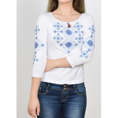 Embroidered t-shirt with 3/4 sleeves "Slavic Charm" blue on white